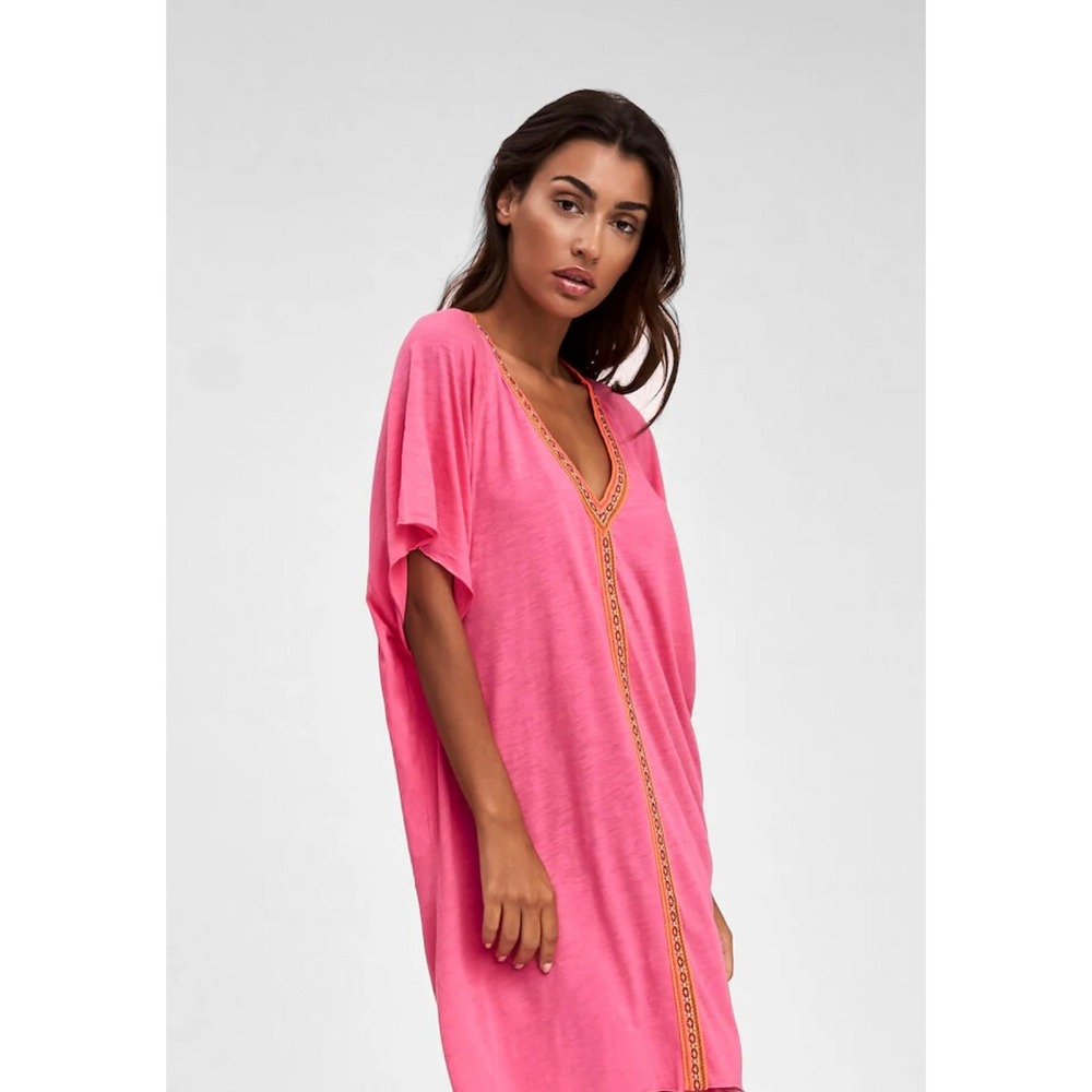 Pitusa Tunic Top Boho Embroidered Standard Pink Cotton Modal Beach Coverup
